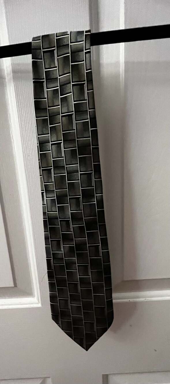 Pierre Cardin Men's Silk Necktie Olive Green Black Geometric Rectangles
